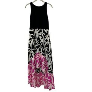 Vince Camuto Maxi Dress Sleeveless‎ Black White Pink Leaf Print Size 10